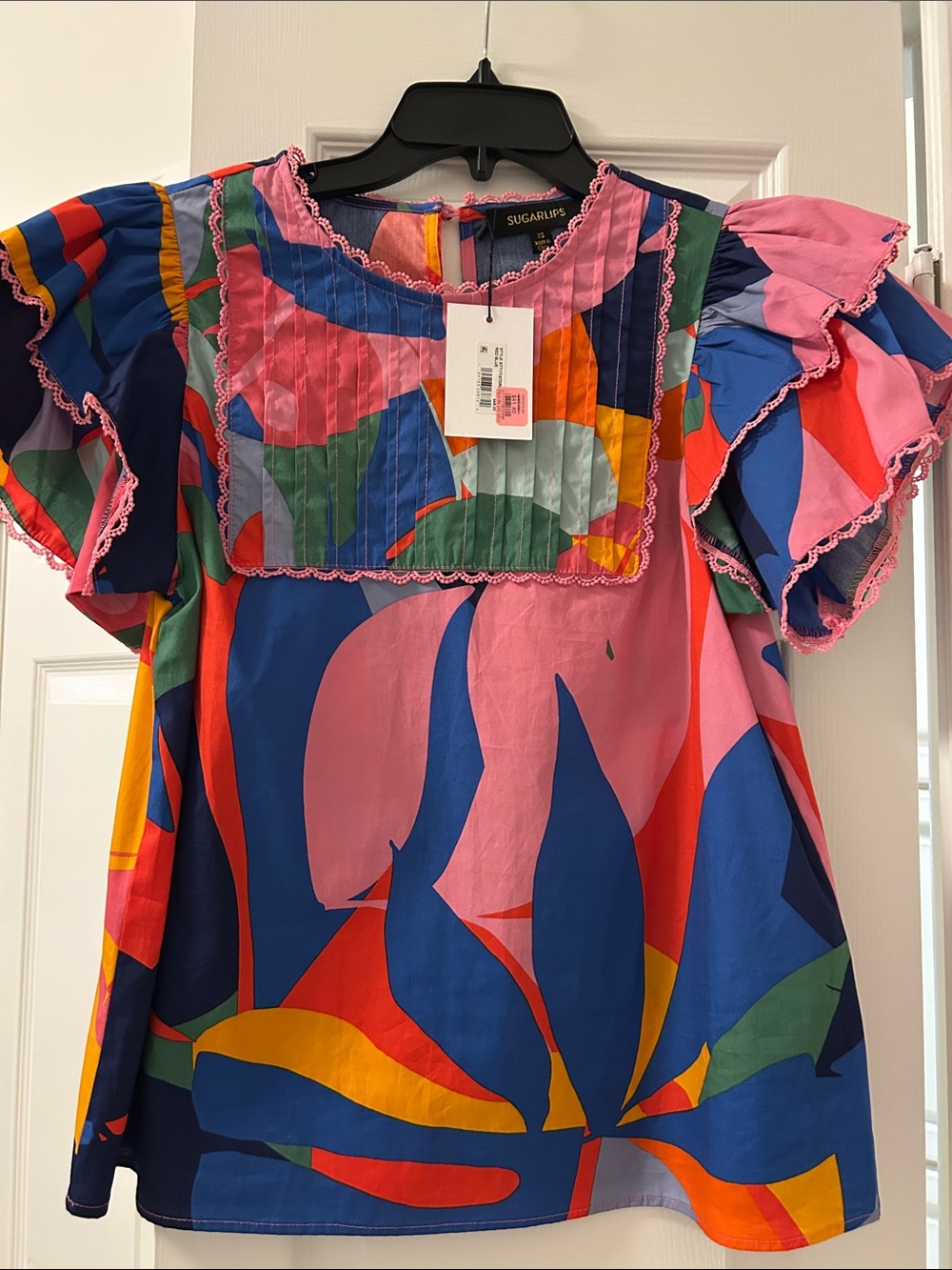 Sugar Multicolor Printed Ruffle Sleeve Top - Pink & Blue NWT